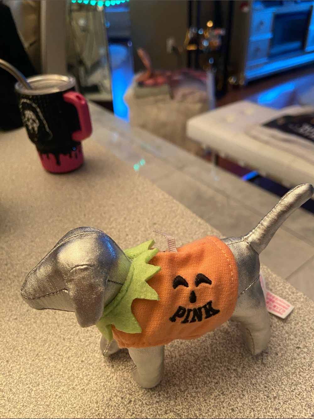 PINK Victoria's Secret Silver Plush Dog with Orange Pumpkin Sweater